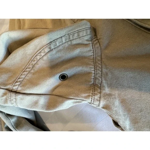 Vintage Tan Canvas Utility Jacket Denim Collar Utility Pockets Tool Straps Large - Picture 6 of 14